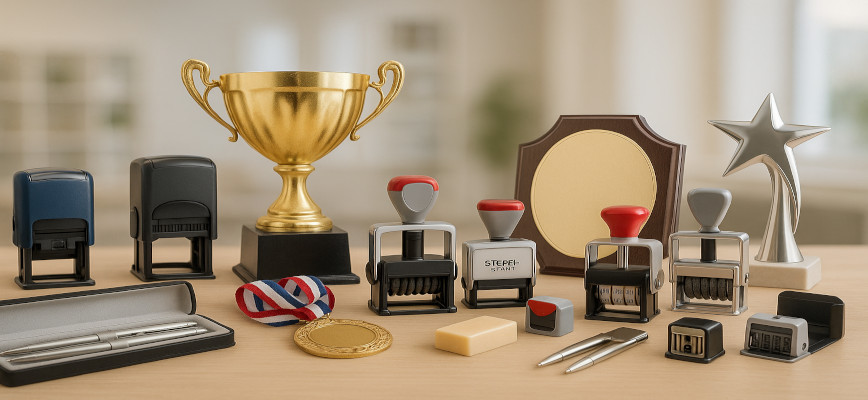 Eleganckie pieczątki, pióra w etui, trofea i medale na prezentacyjnym stole w jasnym wnętrzu.